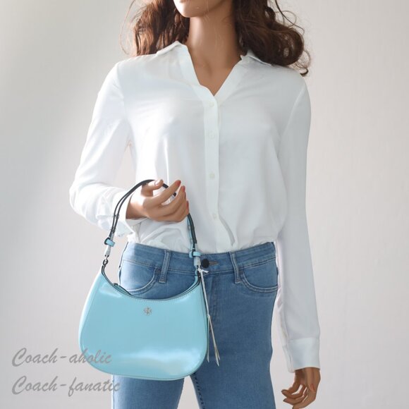 NWT Tory Burch Emerson Patent Leather Shoulder Bag in Light Celeste - Picture 2 of 10